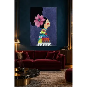 Fida, femme avec une fleur rose en profil sur fond bleu marine, impression sur toile - Product Image 3