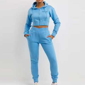 Ensemble de sweats à capuche courts pour femmes, style décontracté d'hiver, couleur unie, logo personnalisé, 100% coton molletonné respirant, 2 pièces longues - Product Image 2