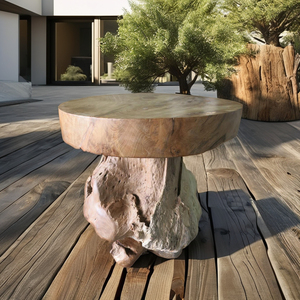 Table ronde en teck de charme rustique moderne avec base en tronc d'arbre patiné en forme de champignon pour restaurant ou salon en plein air - Product Image 5