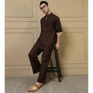 Deebaco <b>Men's</b> Solid Brown Cotton Co-Ord Set Full Sleeve Mandarin Collar Casual Kurta With Pajama Summer Daily Wear 2 Piece Set - Product Image 1