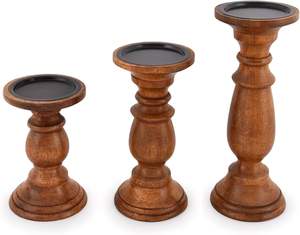 best manufacturer Turned wood <b>Candle</b> Holders Pillar <b>Set</b> of 3 Vintage Style Mango for Centerpiece for Dining Living Room - Product Image 5