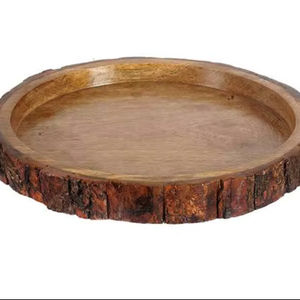 Bandeja redonda de madera hecha a mano con corteza de mango en el lateral, toque vintage - decoración para el hogar - Product Image 1