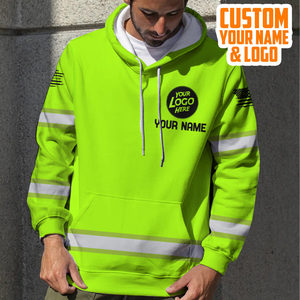 Sudadera con capucha verde de alta visibilidad para electricista, logotipo de nombre personalizado, ropa de trabajo, bandera americana, ropa de seguridad reflectante, empresa personalizable - Product Image 3