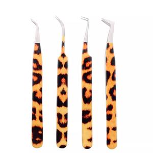 Ensemble de 4 pinces à Extensions de cils à poignée en diamant-fourniture japonaise de cils en acier (imprimés léopard) avec Logo personnalisé - Product Image 1
