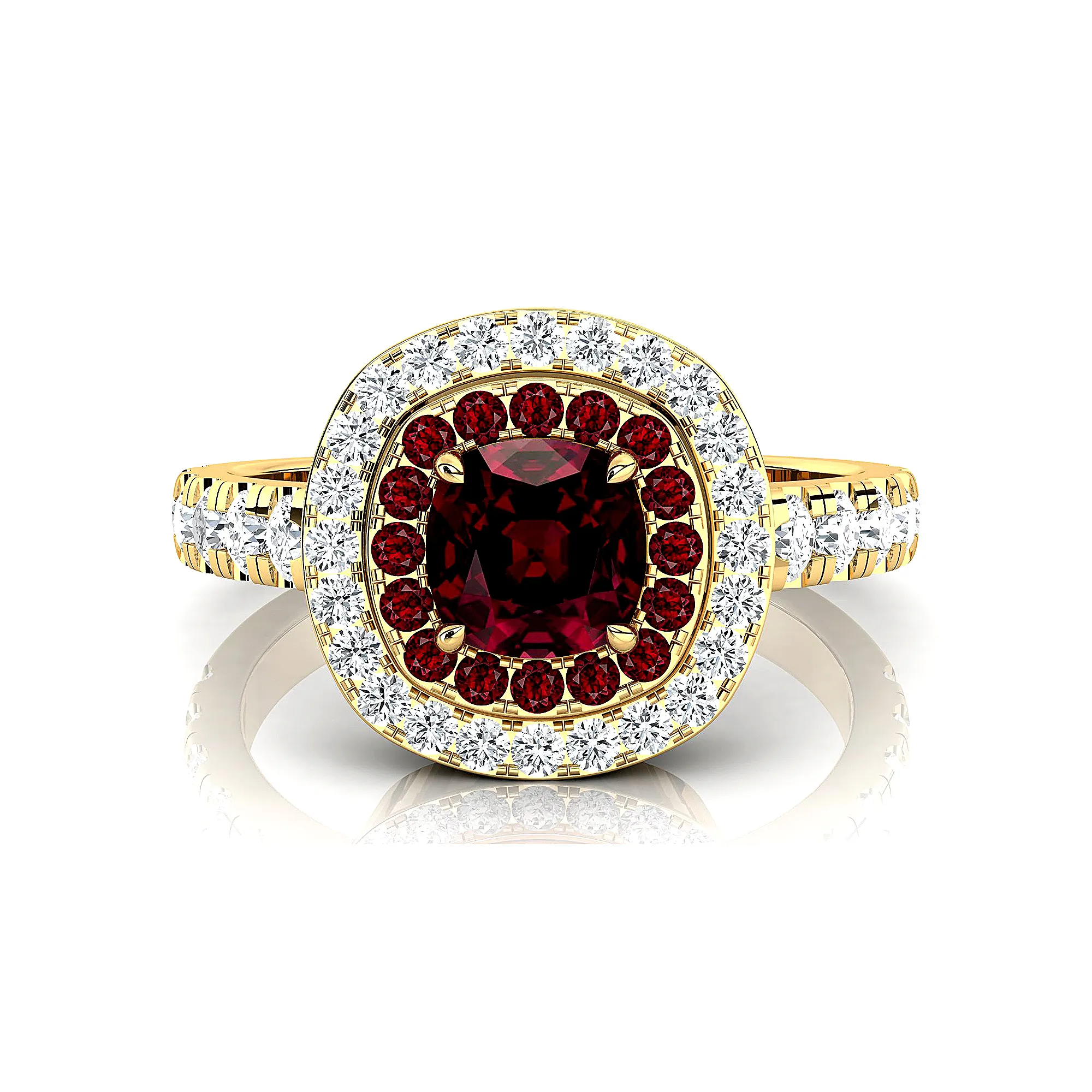 18kt Solid Yellow Gold Dainty Birthstone Gemstone Rings with Cushion Cut Natural Garnet Gemstone & Real Diamonds Wholesale OEM