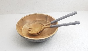 Bol à pâte Antique en béton de couleur grise bol en bois de mangue et cuillères de service ensemble de bol à fruits décoratif ensemble de service créatif - Product Image 2