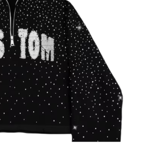 Sudadera de Lujo para Hombre con Diamantes de Moda, Letras de Cristal con Pedrería Personalizada, Brillante, Media Cremallera, Invierno, 100% Algodón Felpa - Product Image 3
