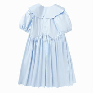 Venta al por mayor niñas azul sólido botón vestido Puff manga cuello cuadrado algodón verano traje Boutique ropa fábrica proveedor BD - Product Image 3
