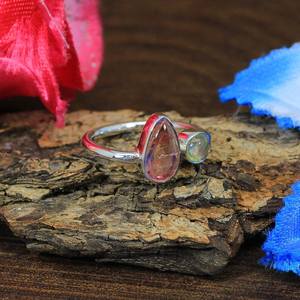 925 Sterling Silver <b>Adjustable</b> <b>Ring</b> Natural Pink Green Tourmaline Hip-hop Style Rhodium Plated Platinum Flower Fine <b>Rings</b> - Product Image 4