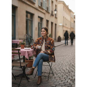 Marwar Bloom <b>Reversible</b> Suzani Embroidered Velvet <b>Jacket</b> for Rust Amber with Indigo & Ivory Florals Autumn Winter Coat Boho - Product Image 6