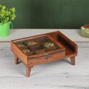 Vintage-Style <b>Wooden</b> Masala <b>Box</b> with Engraved Design Decorative Artisan Aura for Traditional Kitchens Includes Lid Salt Storage - Product Image 3
