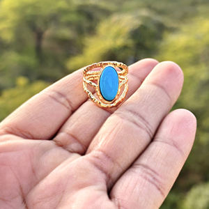 Trendy <b>boho</b> gold plated statement <b>ring</b> with blue turquoise oval gemstone handmade adjustable designer jewelry for all occasions - Product Image 5