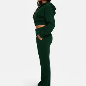 Ensemble de survêtement pour femmes, logo imprimé en relief personnalisé, vêtements décontractés confortables, 100% coton molletonné, double fermeture éclair sur le devant, poches cargo - Product Image 6