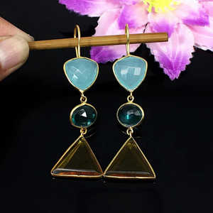 Venta al por mayor 925 plata esterlina fina Clip-on pendientes con aguamarina Calcedonia apatita citrino piedras preciosas diseño colgante - Product Image 5