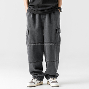 Diseñador personalizado hombres Baggy Denim Jean Vintage lavado hasta el suelo High Street Jeans pierna ancha Multi-Bolsillo Cargo pantalones hombres - Product Image 3