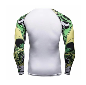 Rashguard de compresión de poliéster de manga larga para hombre, con estampado personalizado de calavera blanca y verde, de secado rápido, para BJJ, al por mayor - Product Image 3