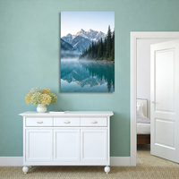 Peinture sur toile encadrée, paysage de montagne brumeuse, reflet du lac et des crêtes enneigées, art mural en bois, décoration pour salon et chambre, personnalisable