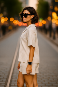 Conjunto urbano elegante para mujer en poliéster suave con camiseta de manga corta y pantalones cortos disponible en tallas M, L, XL, XXL - Product Image 2