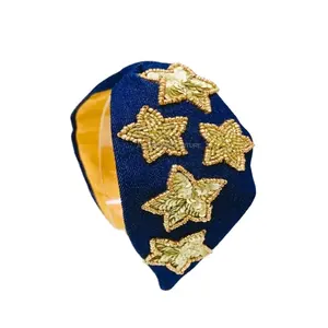 Bandeau bleu et or luxueux pour filles femmes perles de Style turban traditionnel perles orné à la main bandeau de démarrage doré - Product Image 1