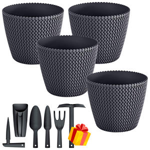 Lot de 4 pots de fleurs ronds en plastique Prosperplast Splofy 5L de couleur anthracite, 21,8x18,4cm + 1 lot de 6 outils de jardin GRATUIT - Product Image 1