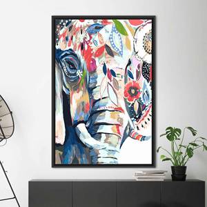 Impression d'art moderne sur toile avec peinture d'éléphant aux couleurs vives, encadrée en noir - Product Image 1