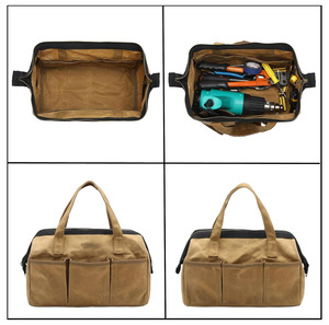 Oem/ODM công suất lớn tùy chỉnh sáp vải công cụ Tote 13 "kaki rộng miệng tổ chức với dây kéo bằng đồng & 10 túi - Product Image 4