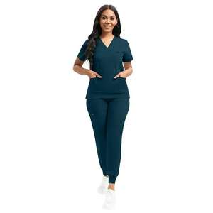 Ensemble de blouses d'hôpital pour femmes, extensible, avec haut à col en V et pantalon de jogging, broderie personnalisée du logo, léger et durable - Product Image 1
