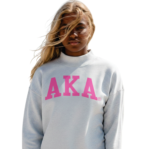 Sudadera Ligera de Cuello Alto Estilo Universitario AKA, Sudadera de Forro Polar Premium, Ropa Personalizada para Hermandades Griegas, Color Blanco Jaspeado y Rosa - Product Image 1