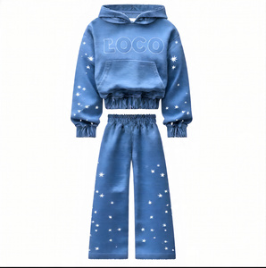 Conception personnalisée logo bords de l'ourlet brut couture appliques broderie Vintage strass blancs sérigraphie lavage à l'acide ensemble de survêtement - Product Image 2