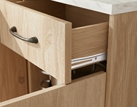 Meuble de cuisine moderne Essence Lucy 120 avec plateau en panneau de particules, tiroir de bar à café, finition chêne noble blanc mélaminé et stratifié PU