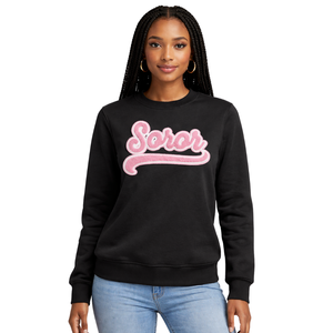 <b>Black</b> Soror Crewneck <b>Sweatshirt</b> Greek Sorority <b>Women's</b> Winter Pink & Green College Sisterhood Stylish Casual Badge Front Apparel - Product Image 1
