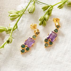 Vintage Gold Plated Bezel Set Drop Earrings with Amethyst and Green Gemstones Geometric Design Certified Women's <b>Party</b> Jewelry - Product Image 2