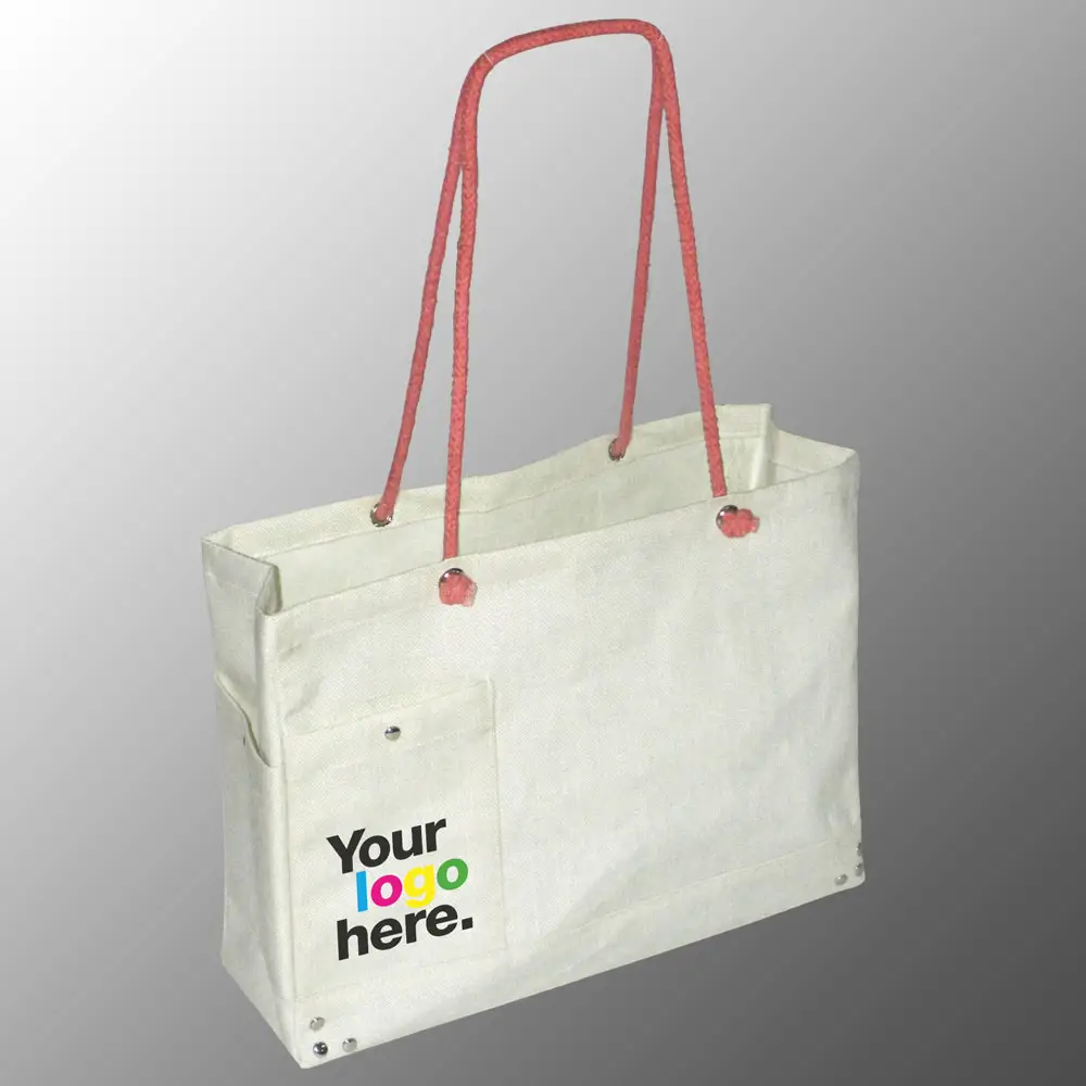 dyed white juco shopping promotion bag with pink rope handles with one color screen print in your required artwork or logo