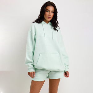 ชุดเซ็ตเสื้อฮู้ดถักและกางเกงขาสั้นผู้หญิง ผ้าเนื้อเรียบ สไตล์ลำลอง ใส่เล่นกีฬาหรือพักผ่อน แฟชั่นทันสมัย ผลิตจากผ้าฝ้าย 100% แห้งเร็ว ระบายอากาศได้ดี - Product Image 3