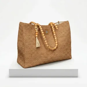 Sac cabas en paille avec poignées en perles de bois et pompon, style bohème, sac de plage d'été - Product Image 5
