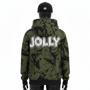 Sweat à capuche zippé pour femme en coton polyester 300GSM, imprimé camouflage vert et noir sur toute la surface, avec logo personnalisé et impression sérigraphique, sweat à capuche basique zippé - Product Image 2