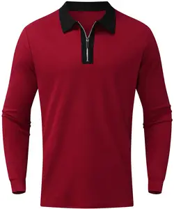 T-shirt à manches longues pour hommes de haute qualité avec col montant, couleurs contrastées à fermeture éclair en tissu jersey à motif solide - Product Image 1