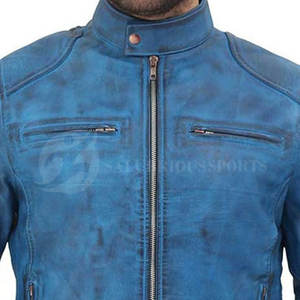 Veste en cuir bleu vieilli pour hommes patchs personnalisés col montant capuche hiver meilleure qualité toile séchage rapide réglable prix - Product Image 5