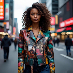 แจ็คเก็ตไบค์เกอร์หนังแท้สำหรับผู้หญิง, เสื้อแจ็คเก็ตหนังแกะพิมพ์ลายกราฟิกสำหรับขี่มอเตอร์ไซค์ - Product Image 5