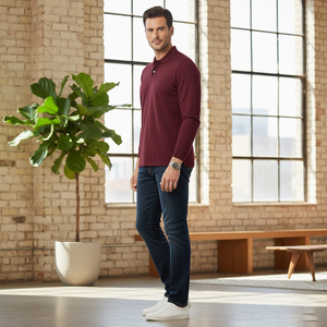 Polo à manches longues pour homme, de qualité supérieure, couleur bordeaux, texture en tricot marbré, style décontracté chic, vêtement d'hiver, coupe classique - Product Image 2
