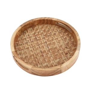 Plateau de service en bois naturel en gros, forme ronde, plateau en rotin en bois, plateaux de service en bois d'acacia pour le café, le thé, les fruits, les aliments, les desserts - Product Image 1