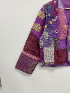 Chaqueta Kantha de estilo japonés hecha a mano, abrigo de invierno reversible con bordado floral, método de tejido, longitud corta - Product Image 4