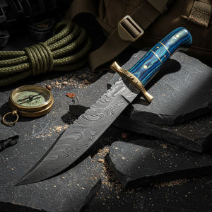 Cuchillo Bowie de Caza Damasco 2026, Acero Inoxidable, Borde Serrado, Funda de Cuero Hecha a Mano, Cuchillo de Caza para Exteriores, Garantía de 3 Años - Product Image 1