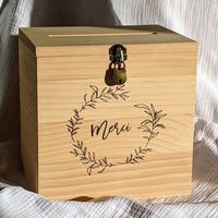 Grande urne en bois avec cadenas, motif chat en bois clair, inscription « Merci », pour mariage, anniversaire, baptême, communion, retraite