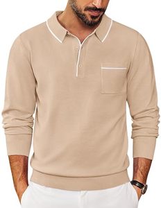 Camisa de Punto de Manga Larga para Hombre con Cuello y Bolsillo, Estampado de Letras, Estilo Casual de Negocios, 100% Poliéster, Color Caqui Claro, Talla XX-Large - Product Image 1