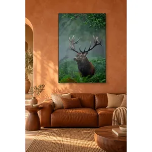 Impression sur toile verticale de cerf roux dans une forêt de fougères brumeuses - Product Image 5
