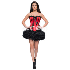 <b>Red</b> Satin Corset Top with Black Ruffle Trim & Front Ribbon Bow Also Available in Many Colors - Product Image 1