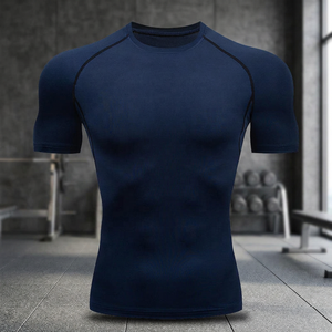 T-shirt de compression à manches courtes pour homme, bleu marine, coupe ajustée, séchage rapide, sportif, col rond, tricoté en polyester - Product Image 2
