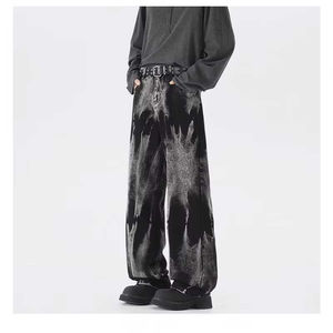 Unisex Straight Loose Draped Jeans Tie-Dye American High Street Baggy Denim <b>Pants</b> Neutral Style Distressed Washed - Product Image 1