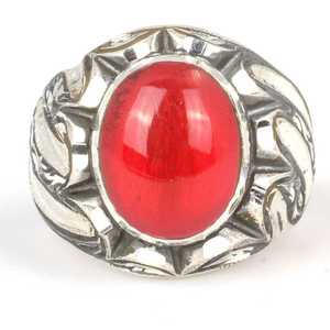 925 Sterling Silver Handcrafted Men's <b>Adjustable</b> <b>Ring</b> with Red Pressed Amber Stone and Pen Design Bezel Setting Inlay Gift - Product Image 4